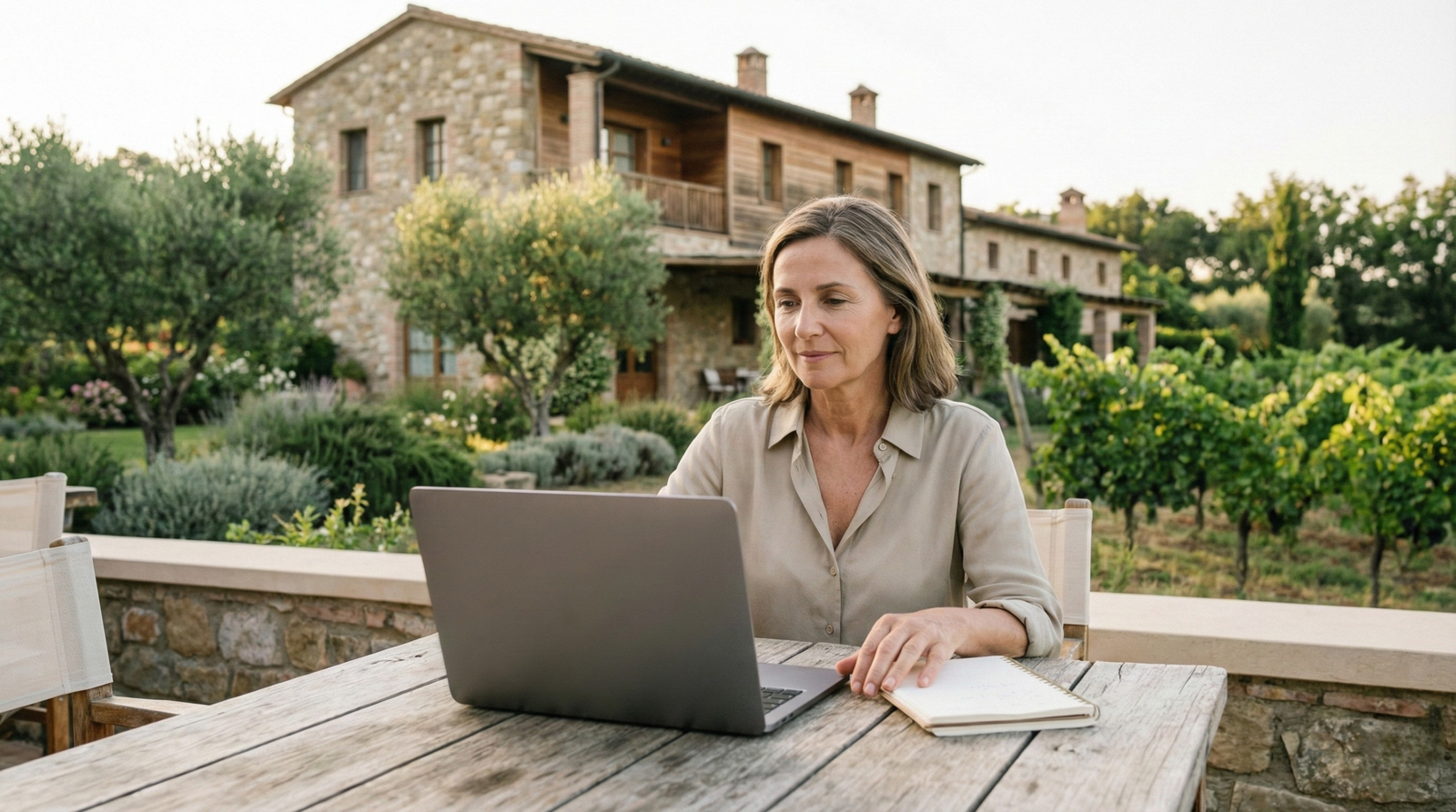 Hôtelière indépendante travaillant sur la stratégie digitale de son hôtel depuis la terrasse de l’établissement